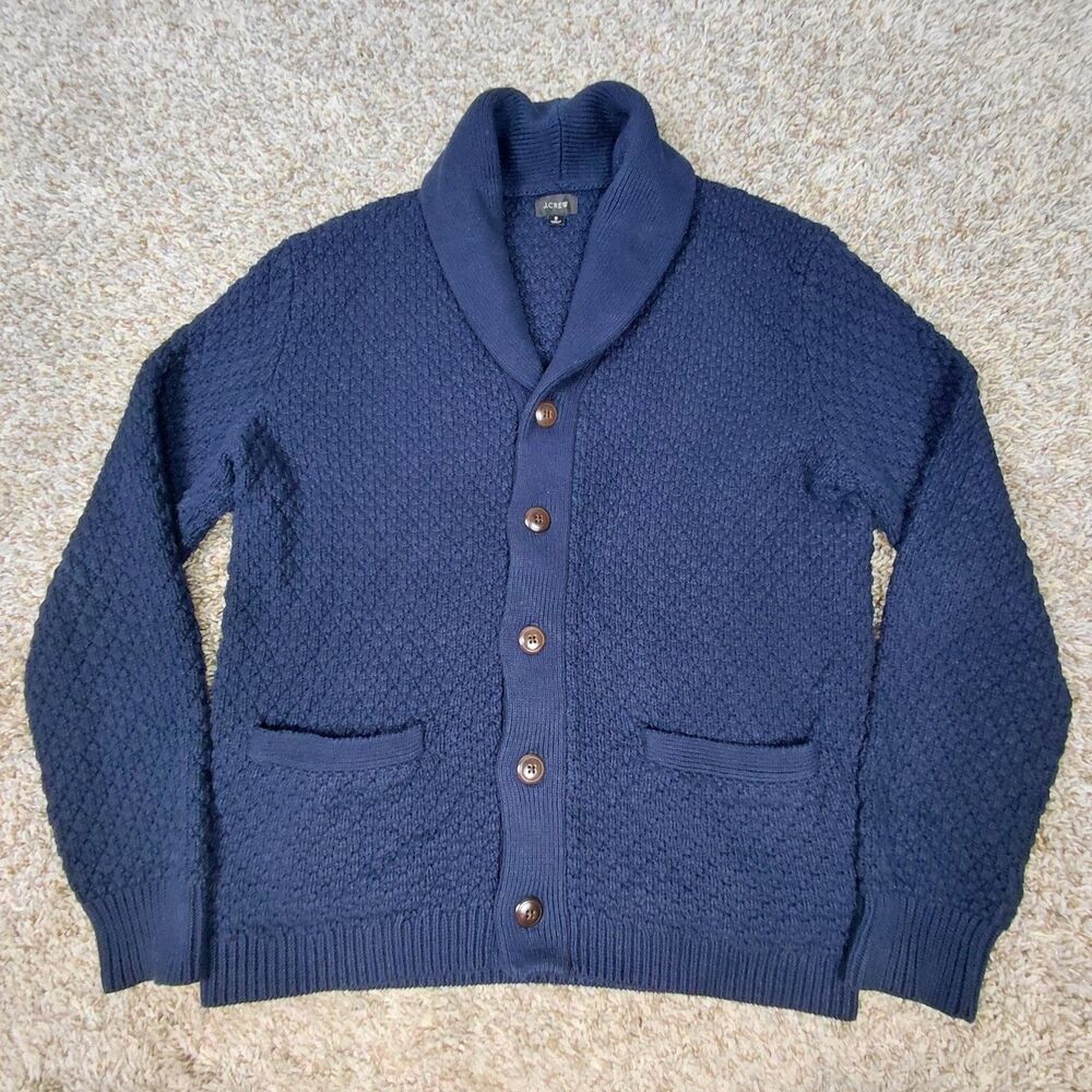 J. Crew Classic Shawl Collar Chunky Knit Cardigan Sweater Mens Small Navy Cotton